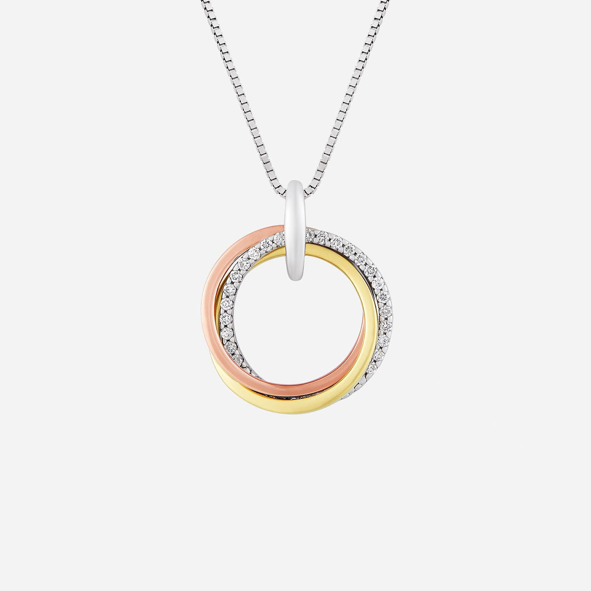 entwined pendant featuring interlaced yellow, white, and rose gold bands with pavé diamonds. elegant and harmonious design.