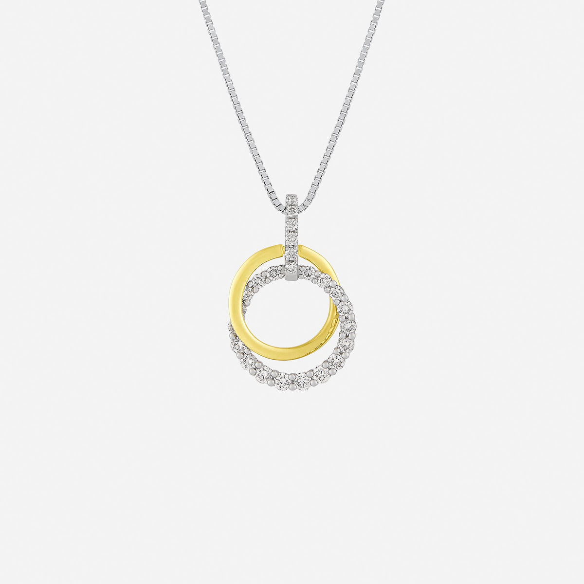 moonlit circle pendant in 18k yellow and white gold, featuring a pavé-set diamond loop design.