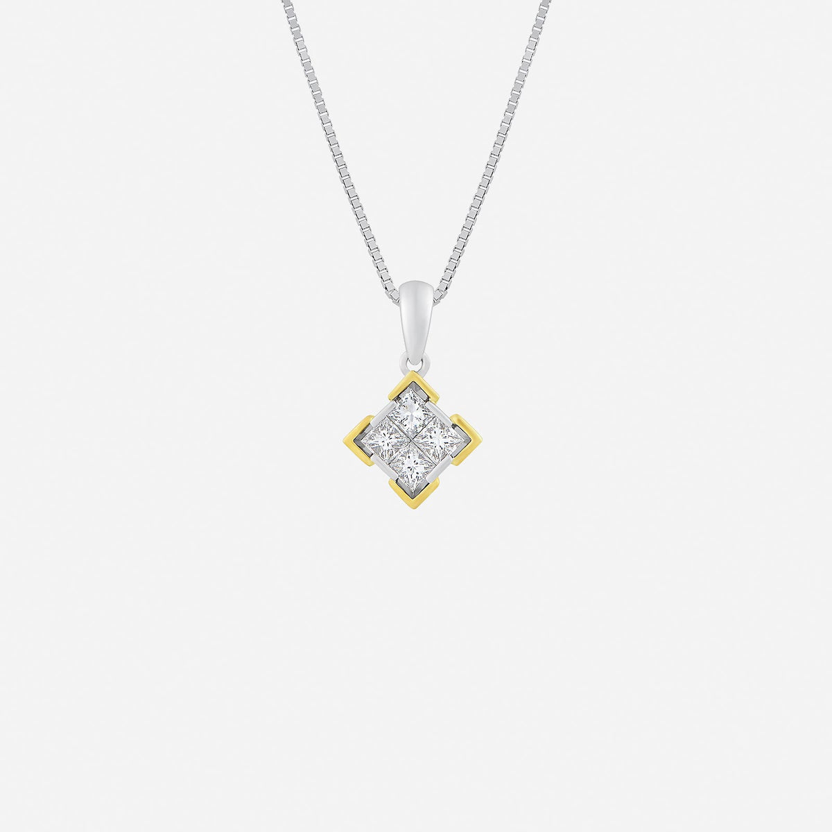 infinite twinkle diamond pendant in 18k white and yellow gold with princess-cut diamonds in geometric design.