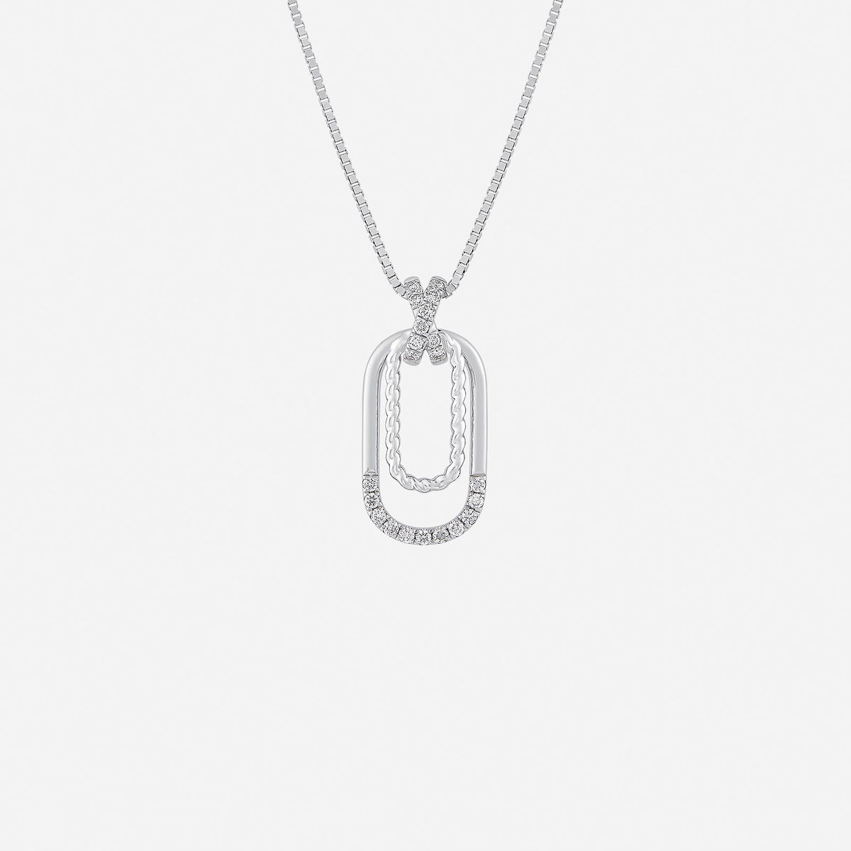 glimmering embrace diamond pendant in 18k white gold with interlocking curves and pavé-set diamonds. elegant design.