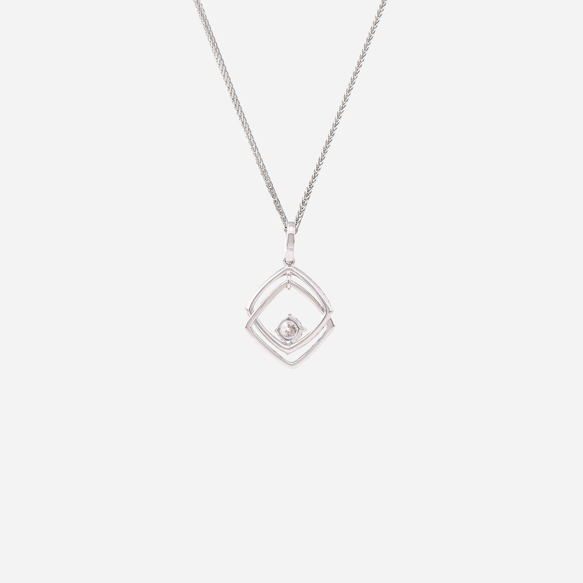 rhombus-shaped diamond pendant in 18k white gold with a polished finish and diamond center stone.