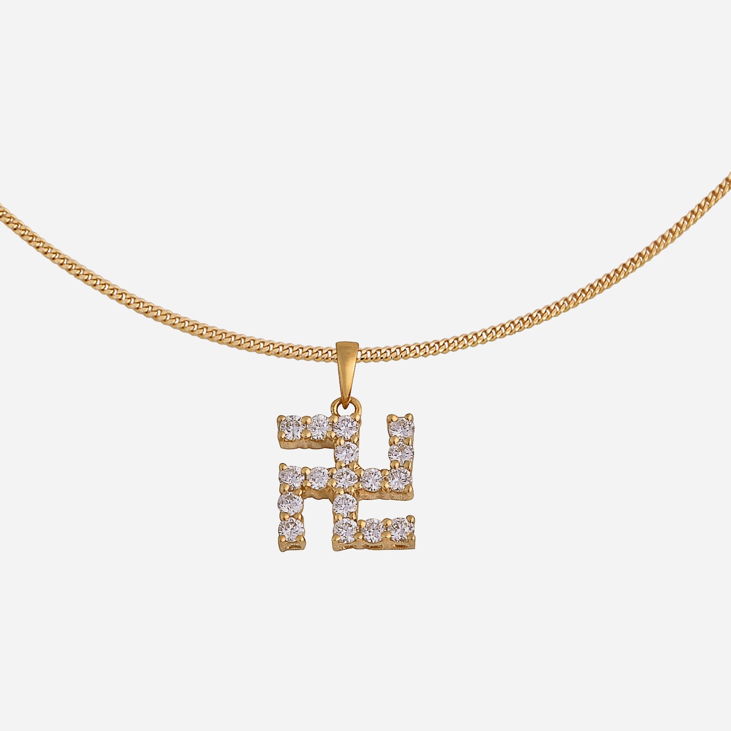 luxurious 18k yellow gold swastika pendant adorned with sparkling diamonds, symbolizing prosperity and good fortune.