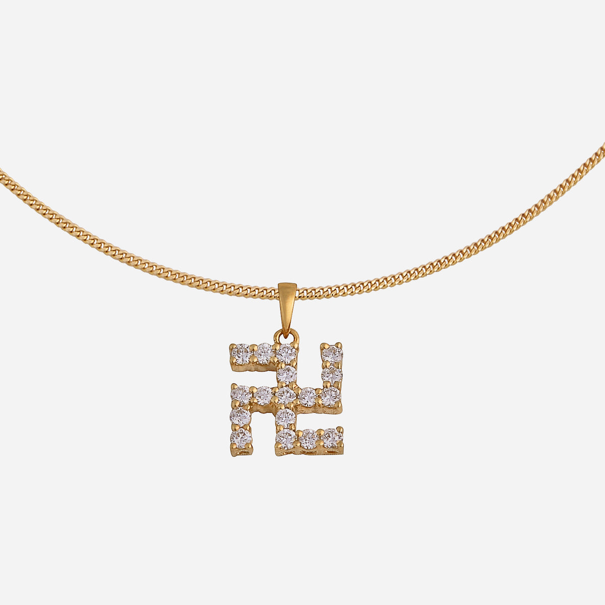 swastika pendant in 18k yellow gold, adorned with sparkling diamonds in a unique, traditional design.