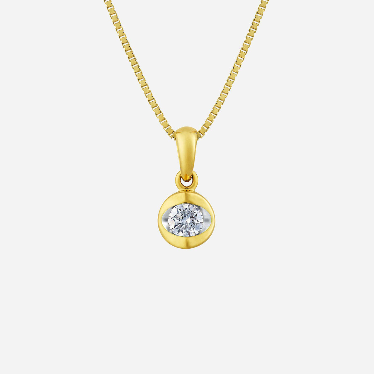 gaze diamond pendant in 18k yellow gold featuring an oval diamond in a round setting, elegant and timeless design.