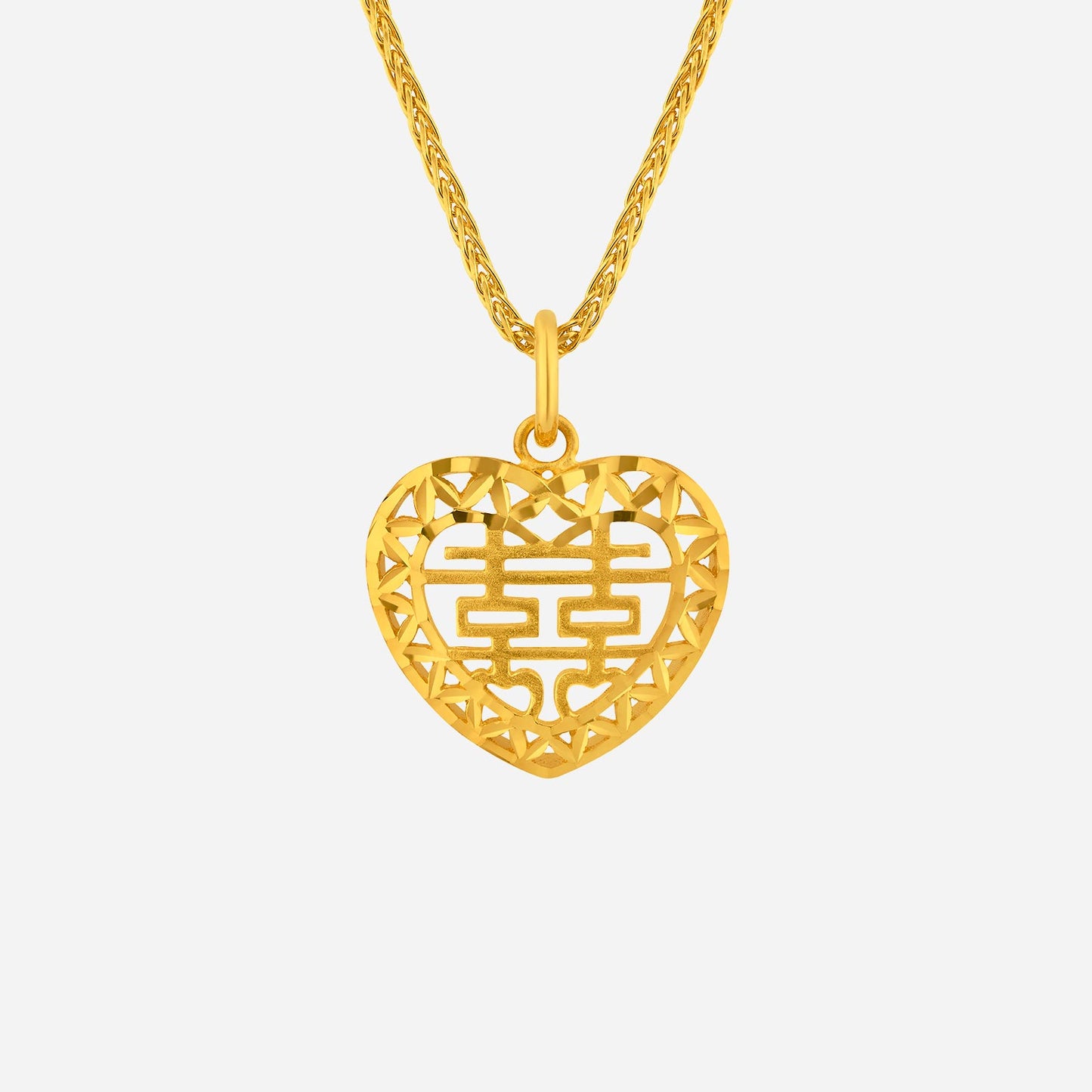 happiness heart pendant in 24k yellow gold, double heart design with intricate cutouts symbolizing joy.