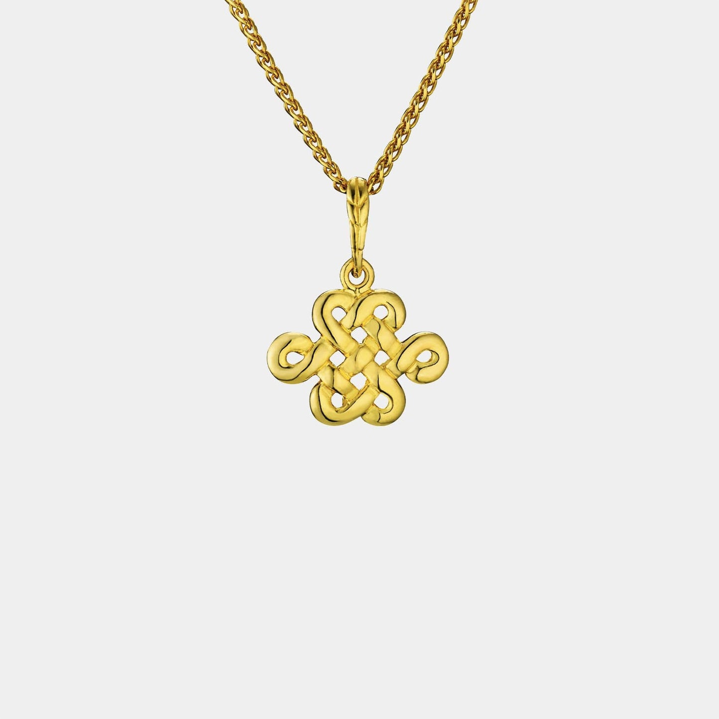 eternity knot pendant in 22k yellow gold with intricate woven design, symbolizing everlasting love and happiness.
