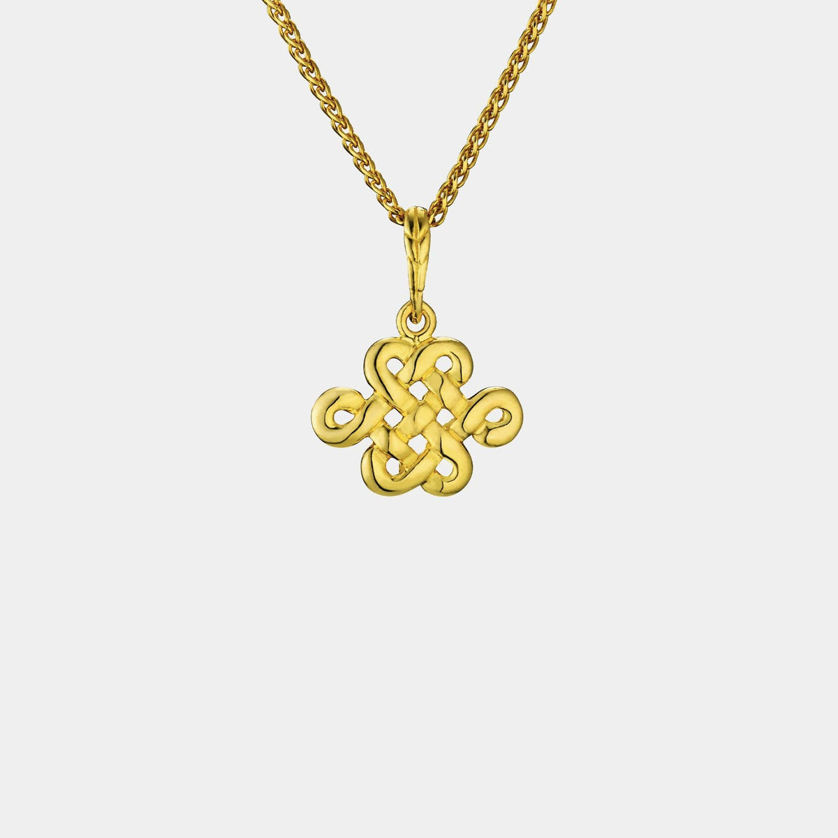 eternity knot pendant in 22k yellow gold, featuring an intricate woven design, representing everlasting happiness.