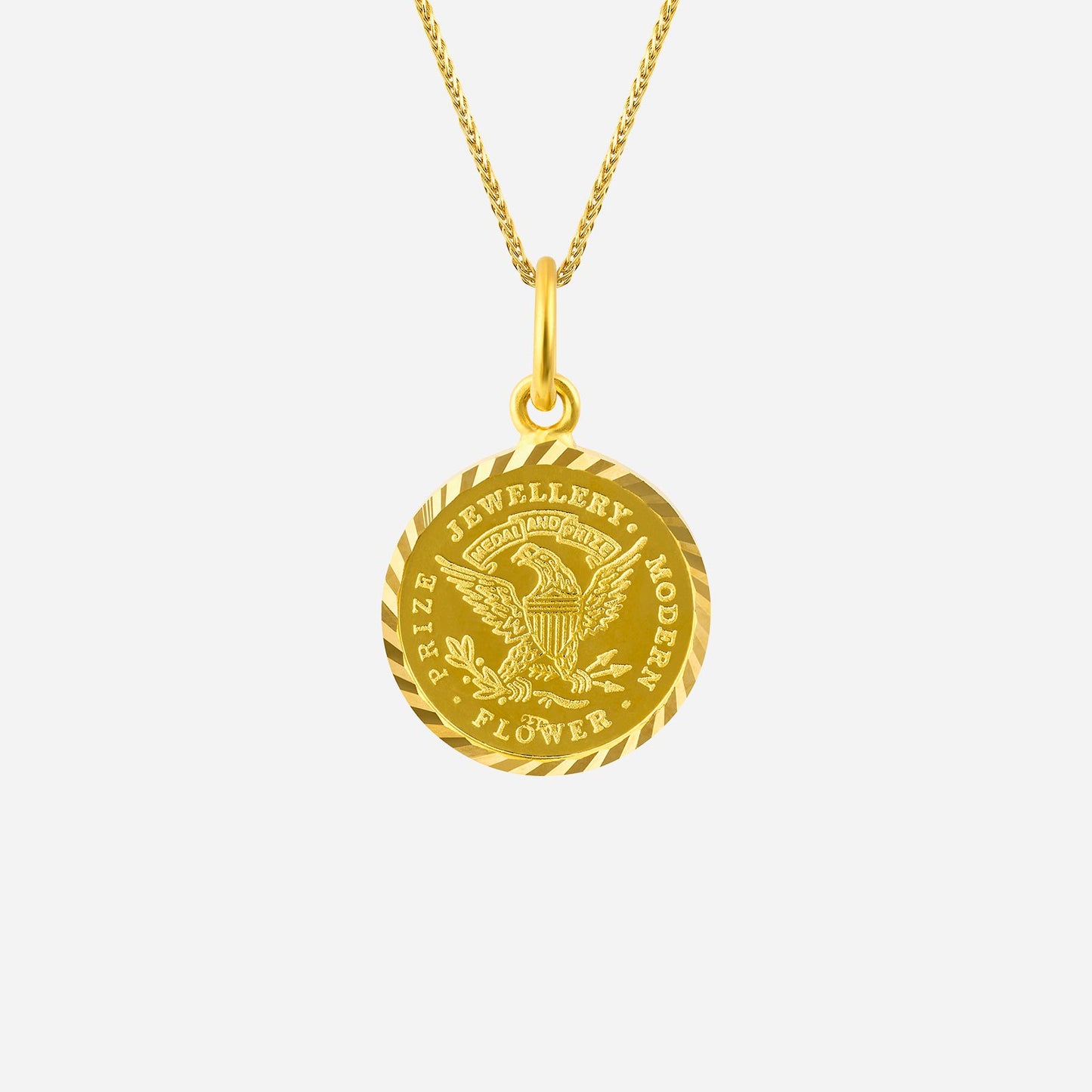 intricate 22k yellow gold lady liberty pendant with eagle and floral design, perfect for any occasion.