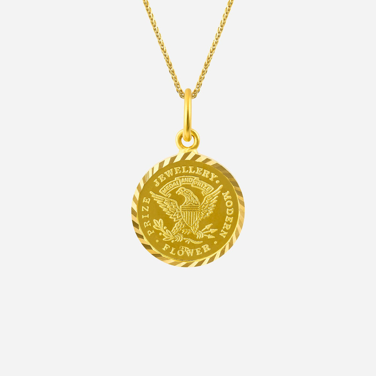22k yellow gold lady liberty pendant with intricate eagle design, featuring a polished medallion finish.