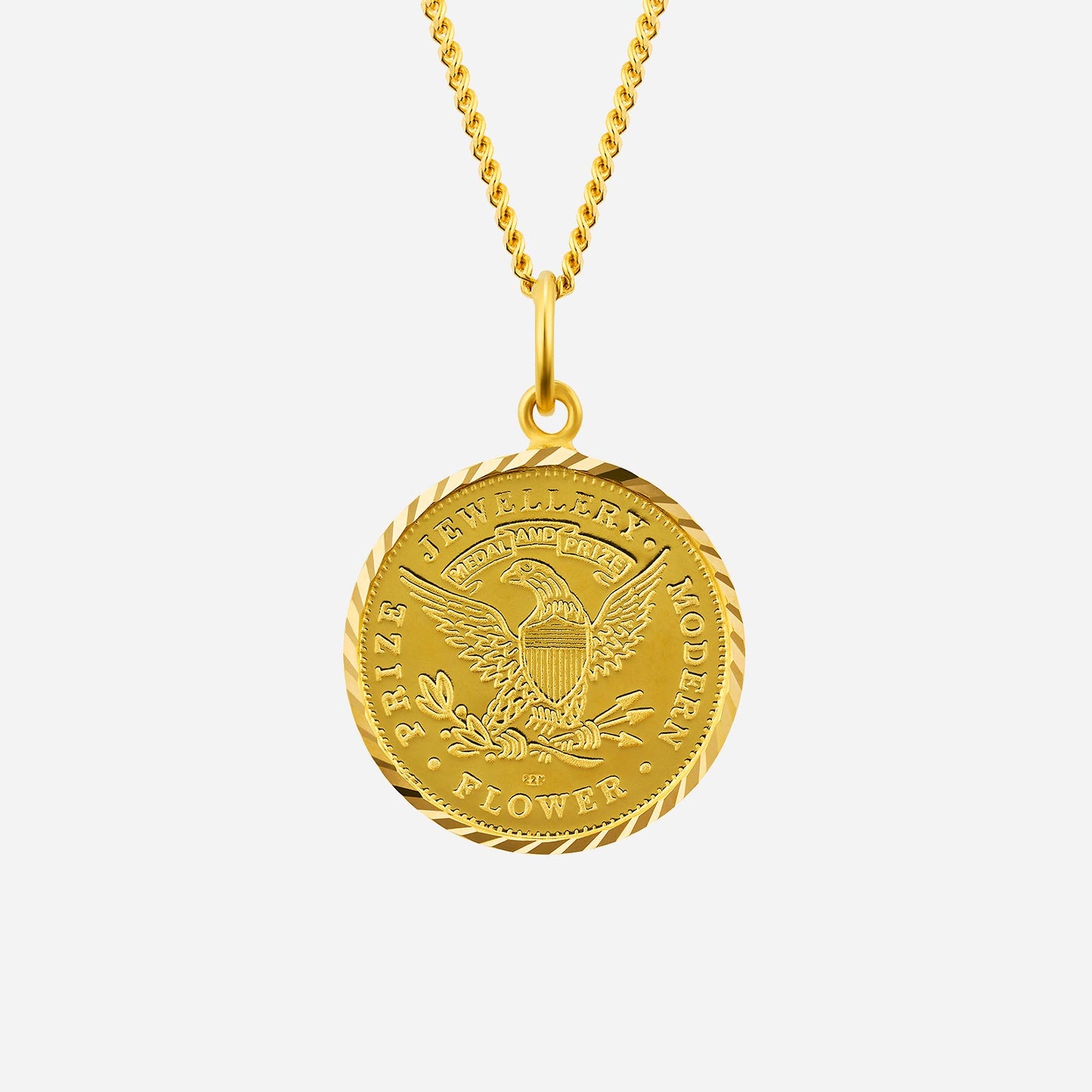 intricate 22k yellow gold lady liberty medallion pendant with eagle design and twisted edge. chain sold separately.