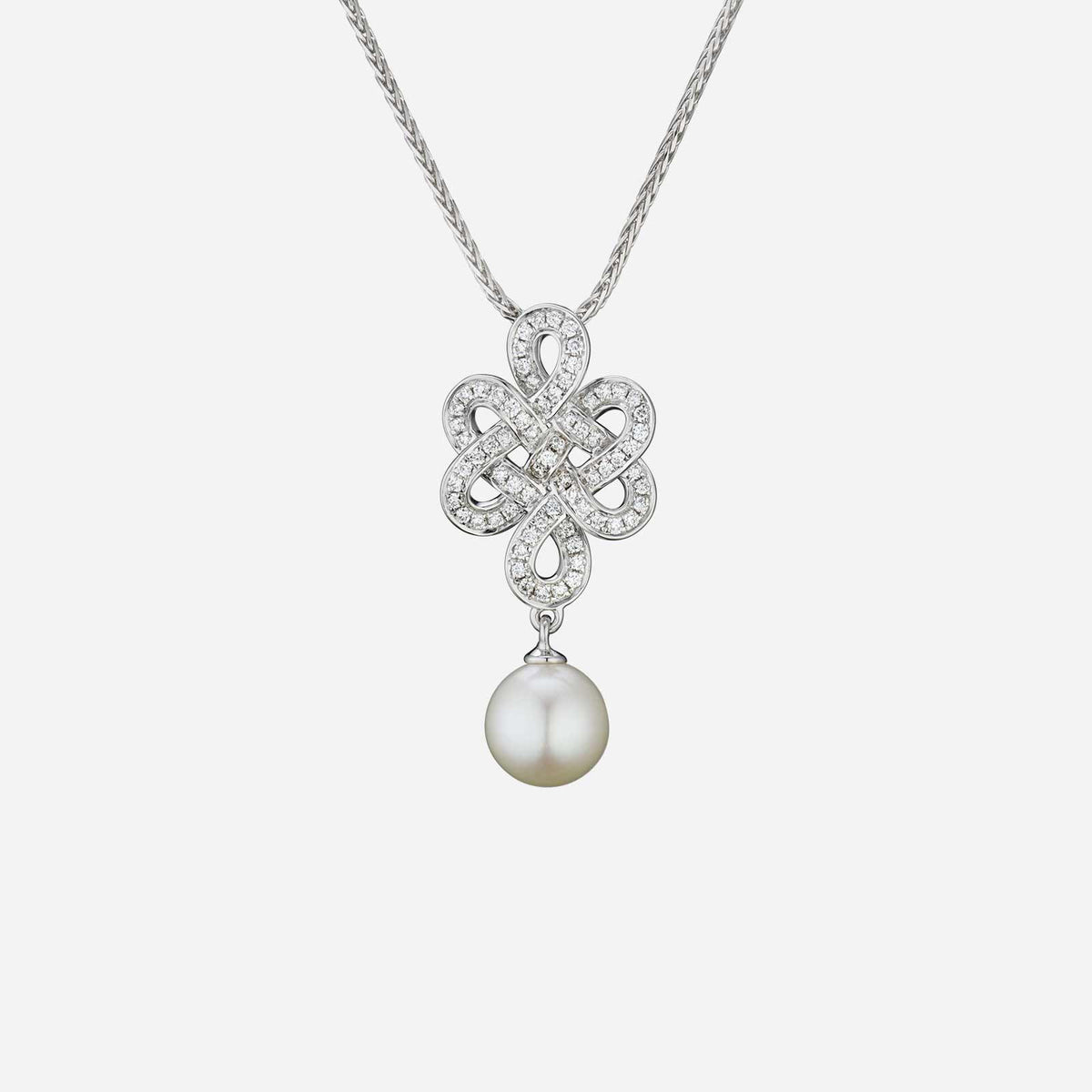 eternity knot pendant in 18k white gold with diamond accents and an iridescent freshwater pearl drop.