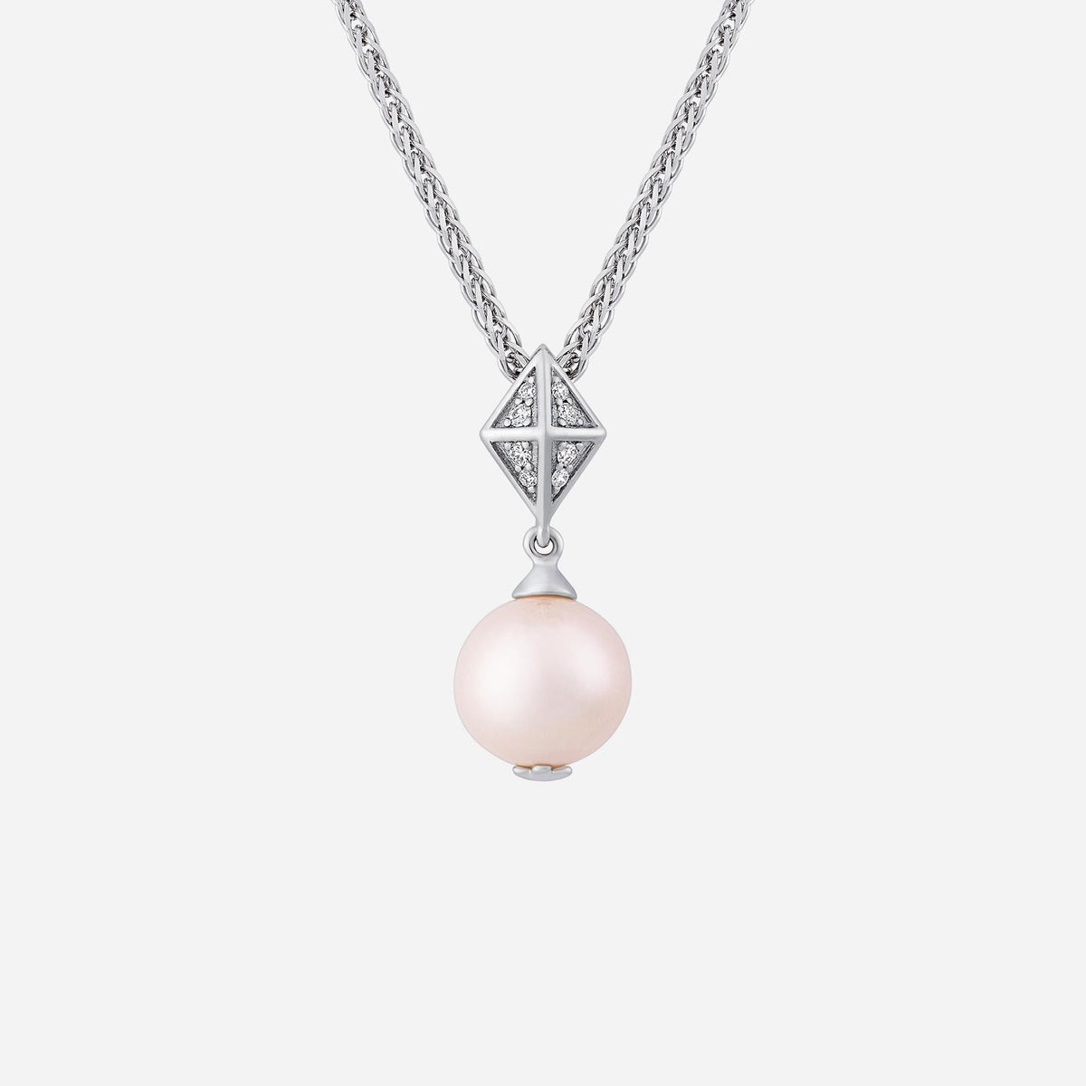 freshwater pearl pendant with diamond accent in 18k white gold, featuring a delicate geometric design.