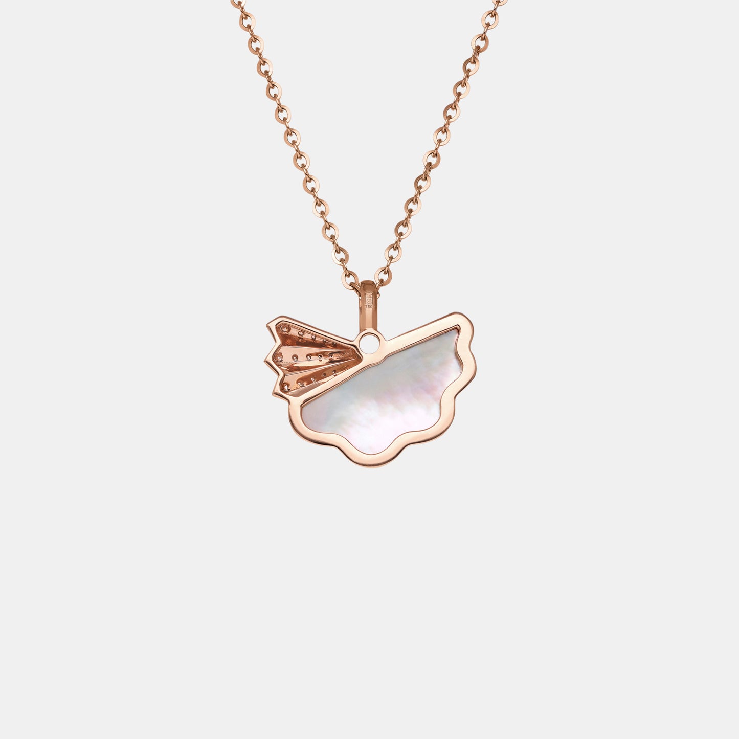 legacy fan pearl pendant in 18k rose gold with mother of pearl and delicate diamond details, featuring a soft fan design.