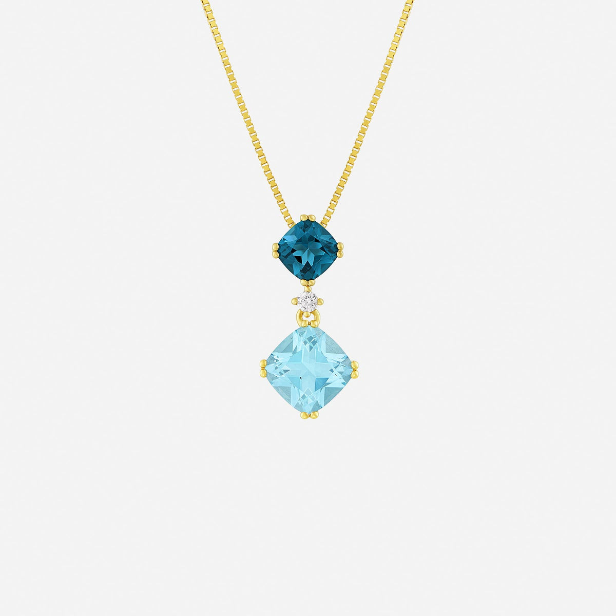 gradient blue topaz pendant in 18k yellow gold with single diamond, featuring dark and light blue gemstones.
