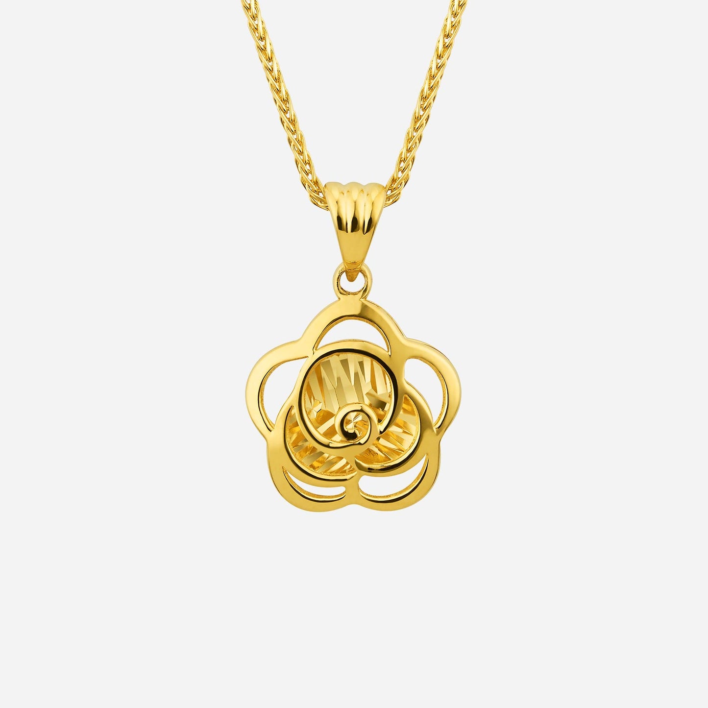 sakura cage pendant in 22k yellow gold with a floral design and textured inner detail. chain sold separately.
