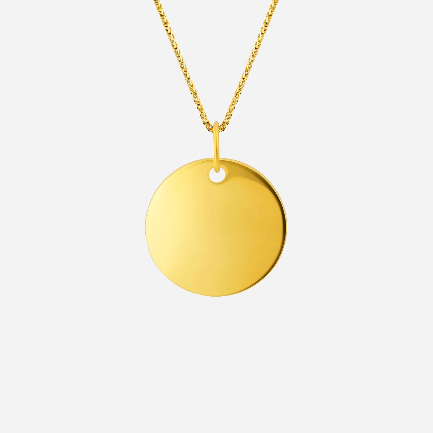 personalised pendant in 22k yellow gold with a smooth, round design on a twisted gold chain.