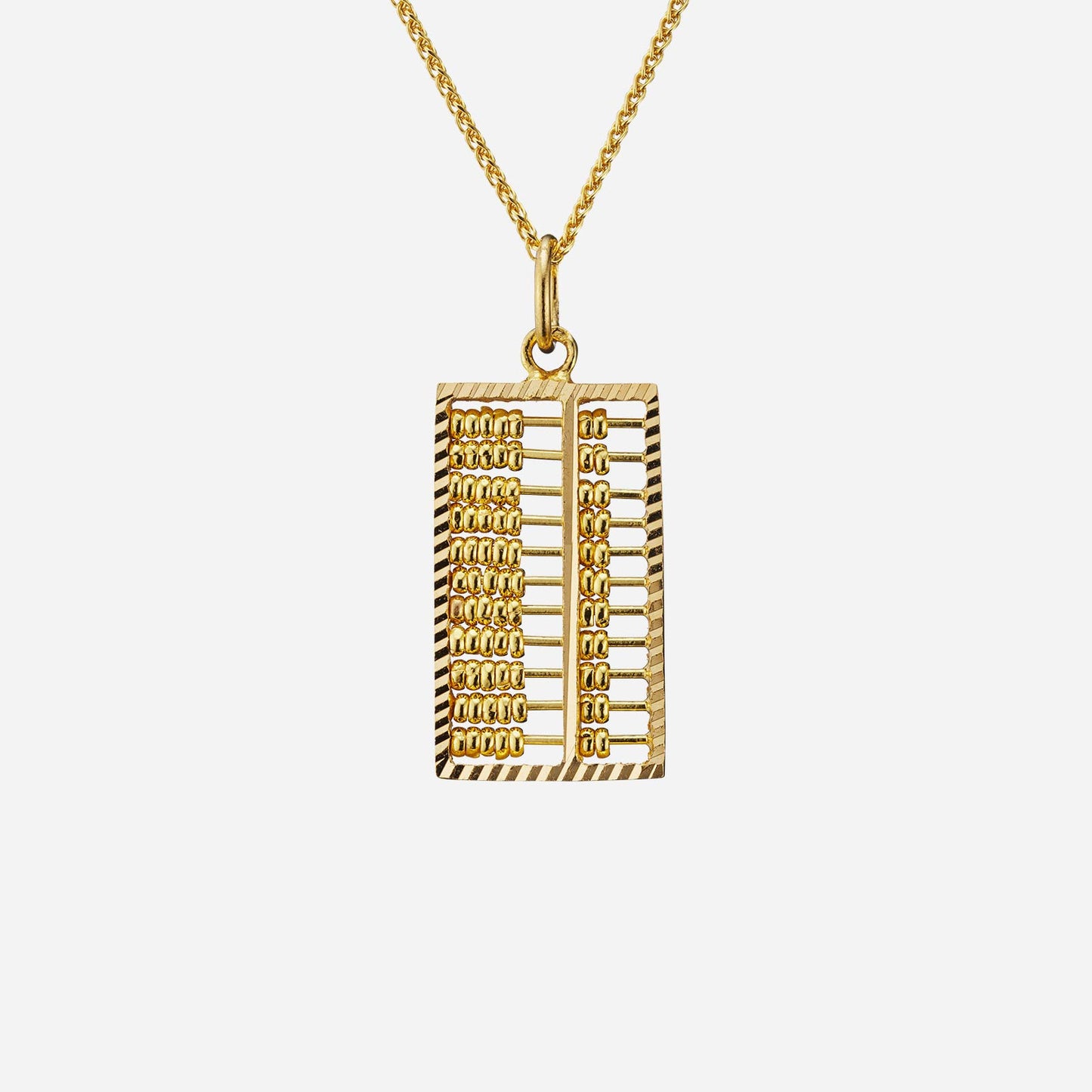 22k yellow gold abacus pendant features small movable gold beads and intricate detailing in a unique design.