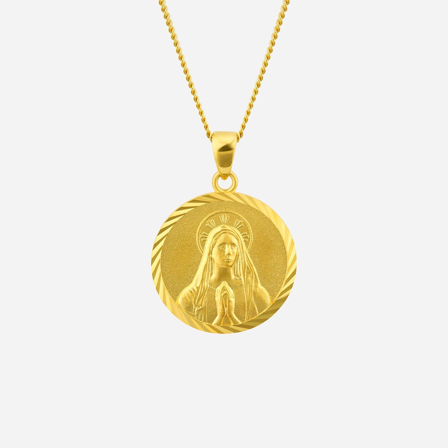 mother mary pendant in 22k yellow gold, round design with detailed engraving, symbolizing faith and protection.