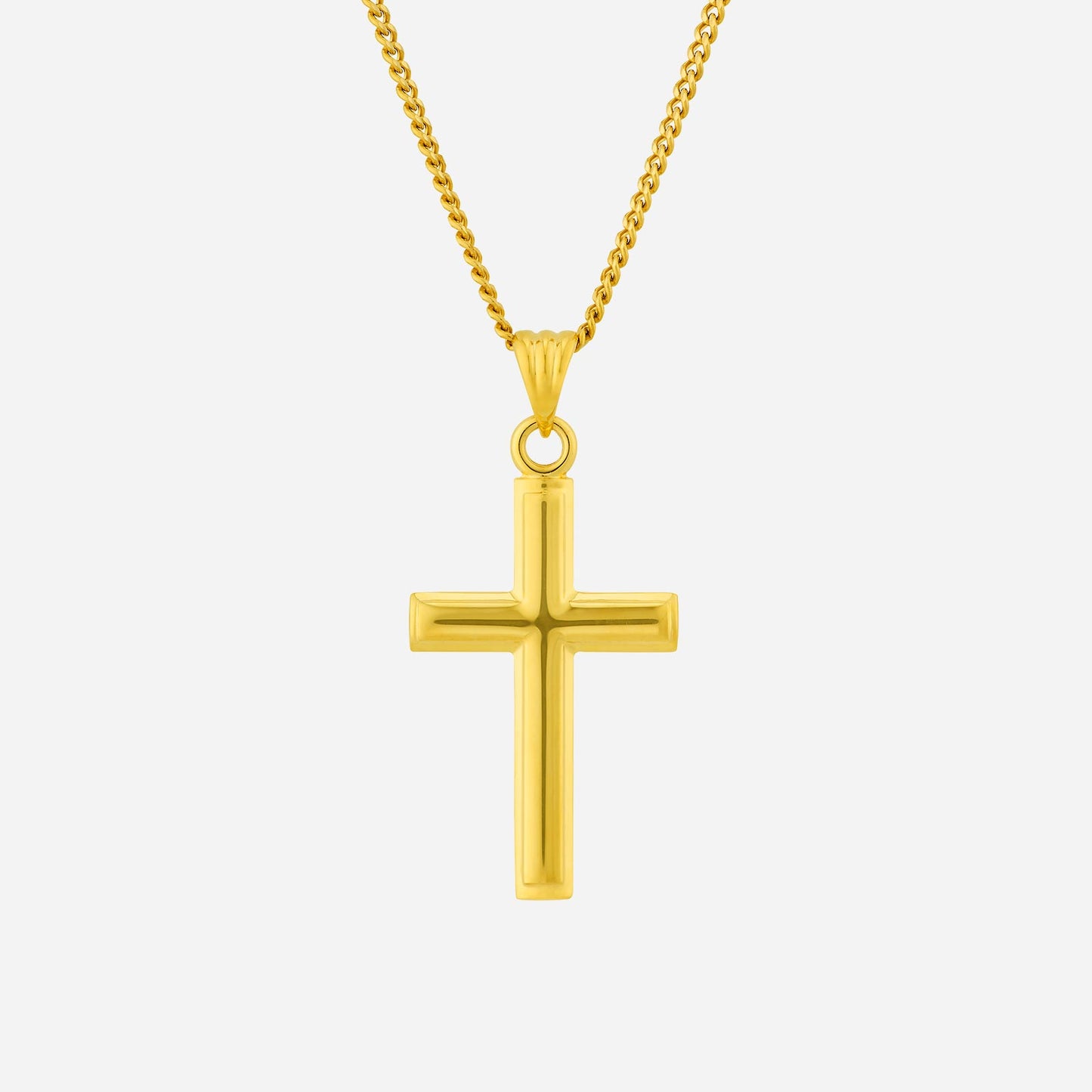 22k yellow gold cross pendant with polished finish, hung on a delicate chain. stylish and meaningful religious jewellery.