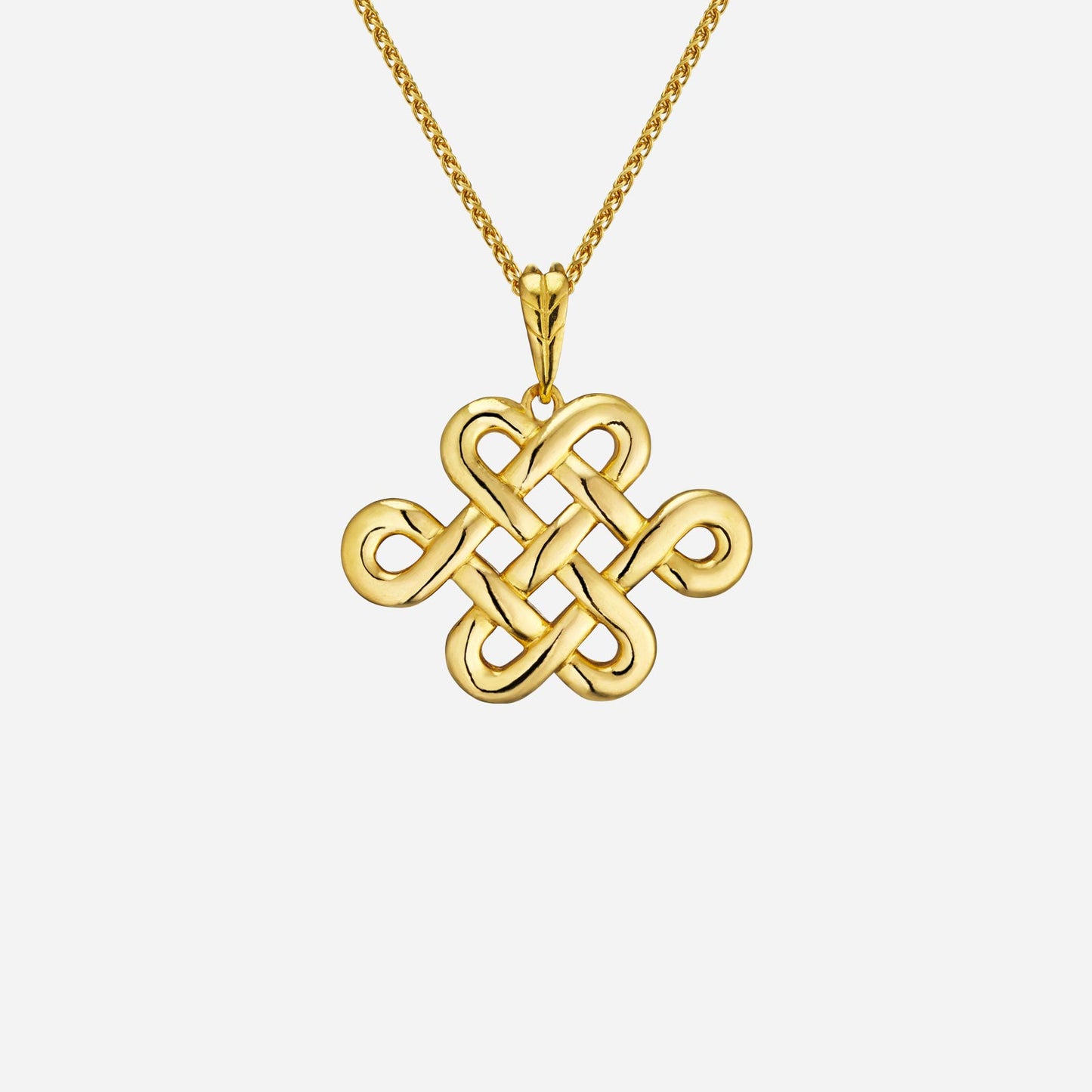 eternity knot pendant in high shine 22k yellow gold with intricate woven design, chain sold separately.