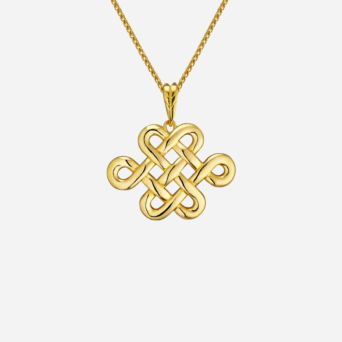 eternity knot pendant in high shine 22k yellow gold with intricate knot design, chain sold separately.