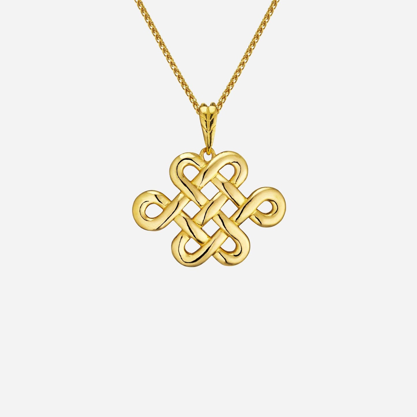 eternity knot pendant in high shine 22k yellow gold with intricate design, 23mm size, stylish chain sold separately.