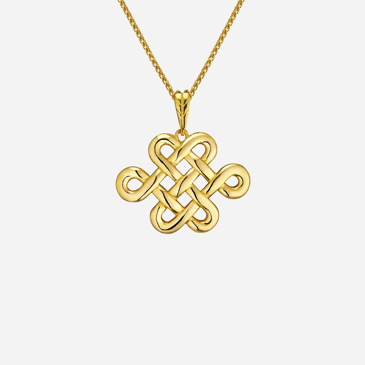 timeless eternity knot pendant in high shine 22k yellow gold, 23mm in size, featuring a smooth, intricate design.