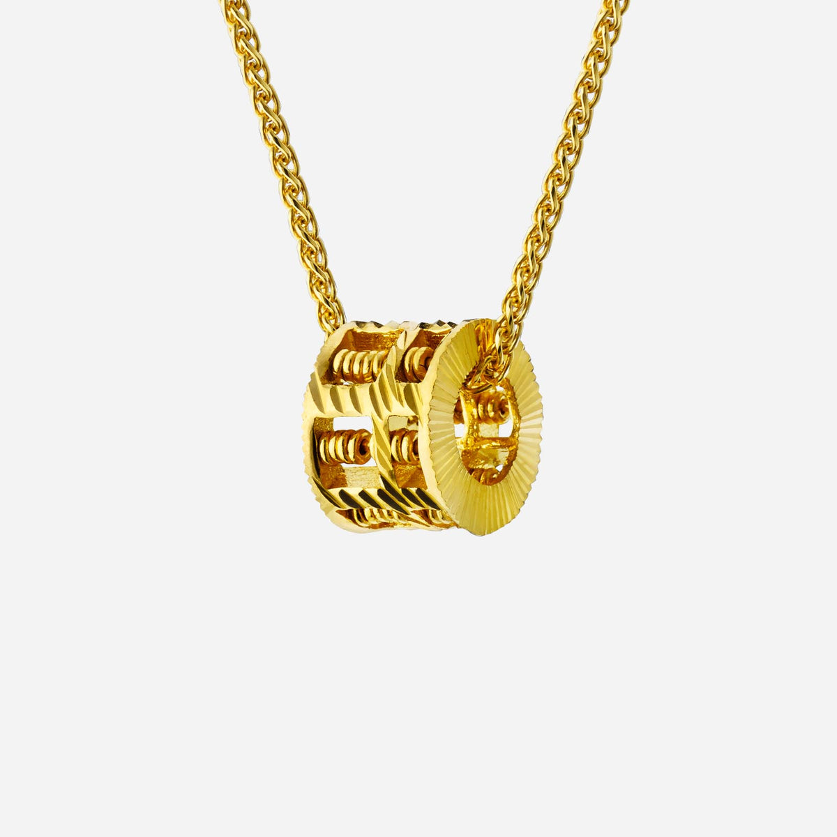 22k yellow gold abacus pendant featuring movable beads and a decorative round design on a chain.