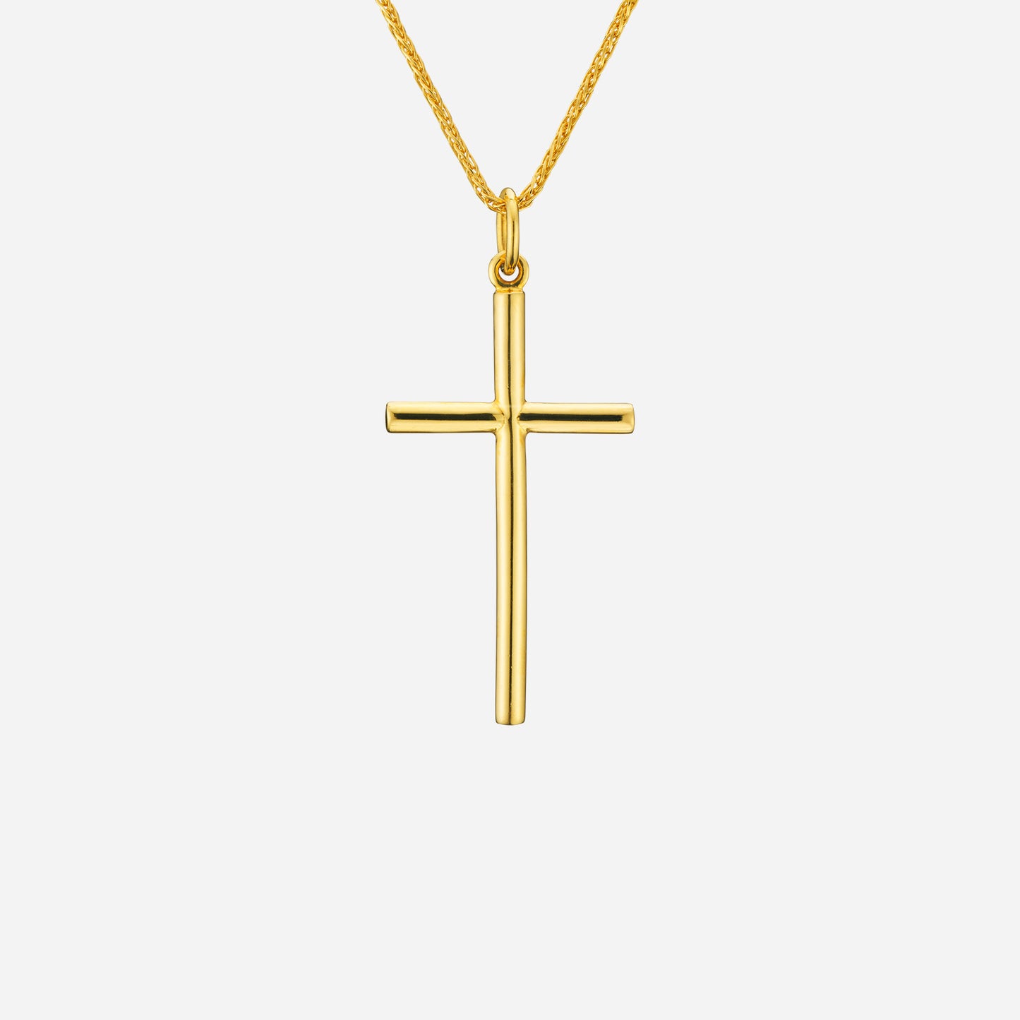 22k yellow gold cross pendant with a polished finish, suitable for various chain sizes.