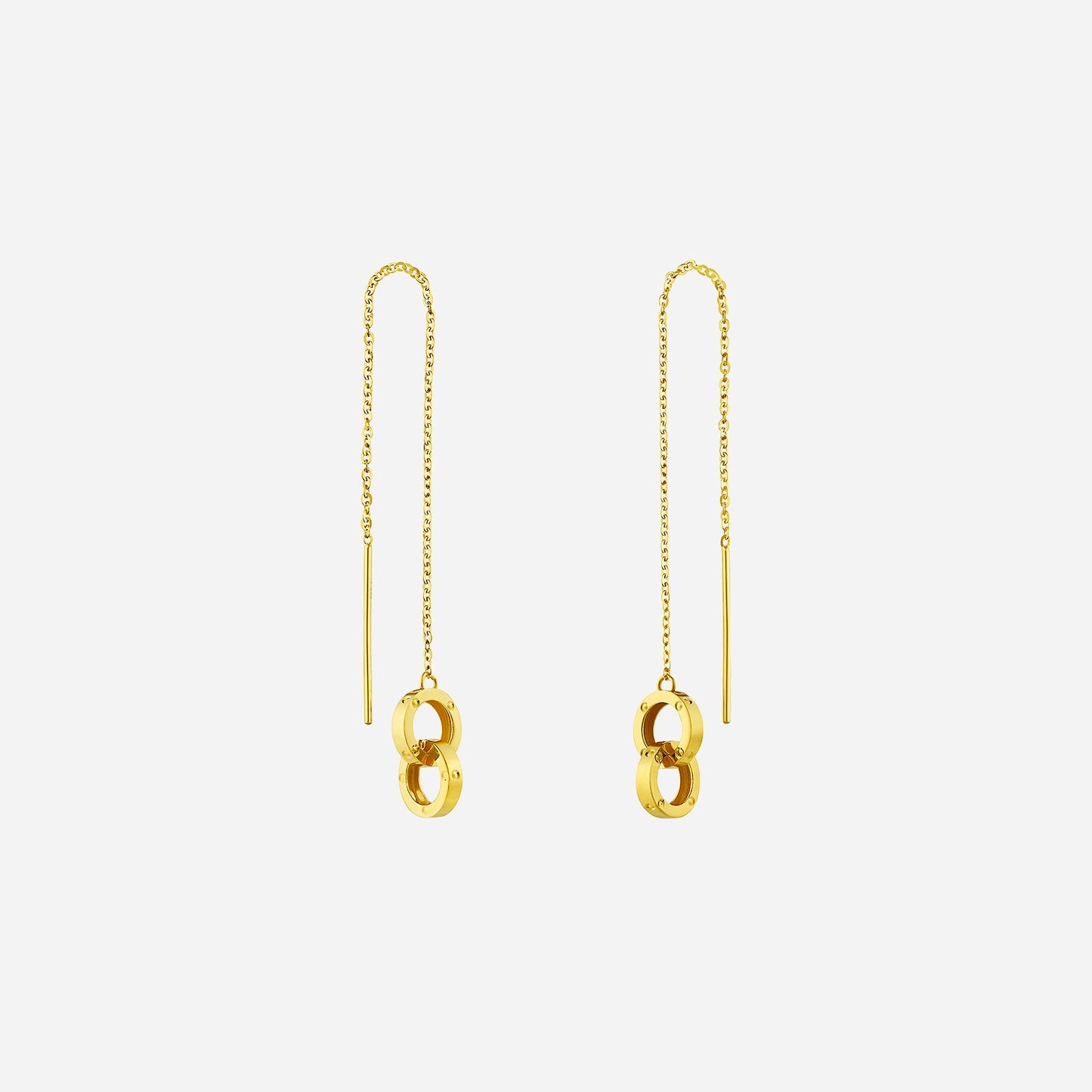 duo link threader earrings in 22k yellow gold with cascading chain and bold interlinked design. perfect for stylish accessorizing.