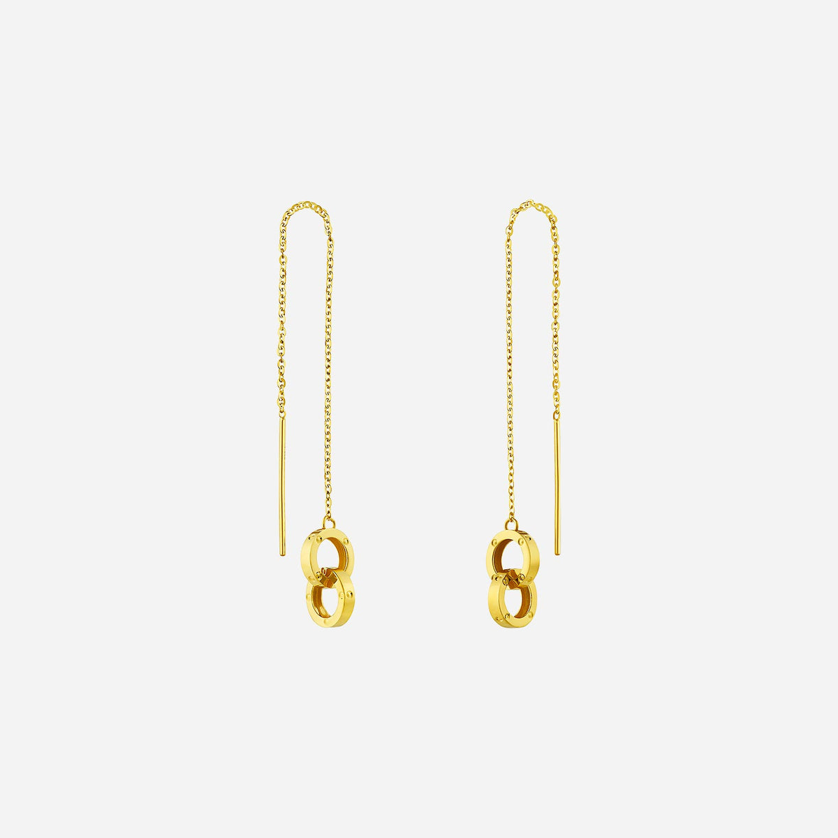 duo link threader earrings in 22k yellow gold with linked circular design, featuring elegant thread chains.
