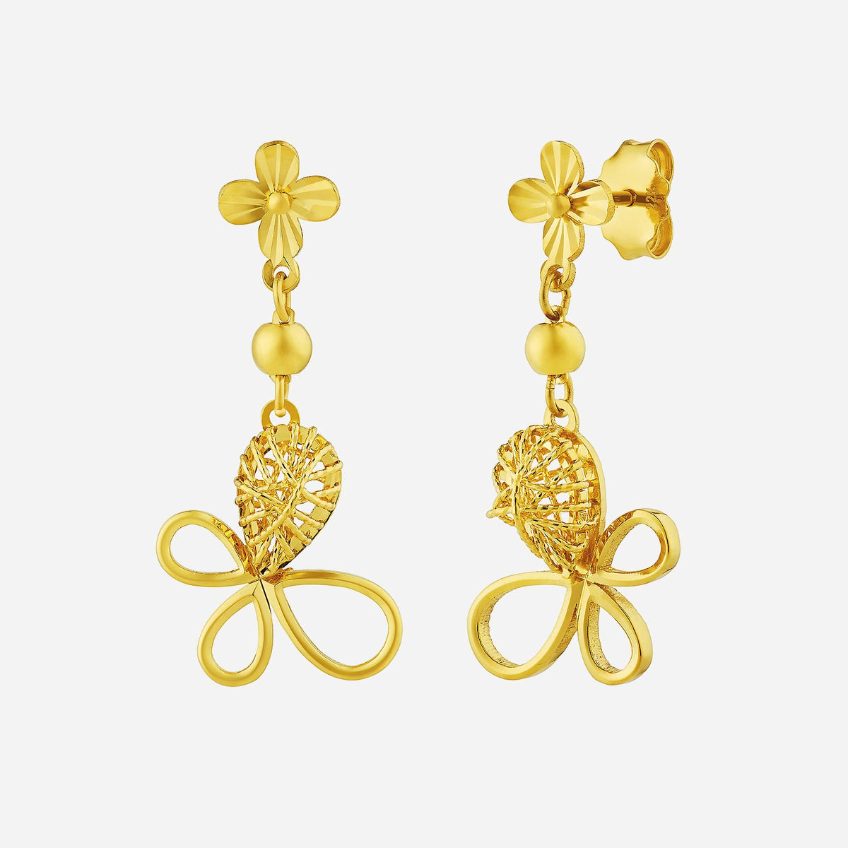 butterfly earrings in 22k yellow gold with floral design and delicate openwork detailing.