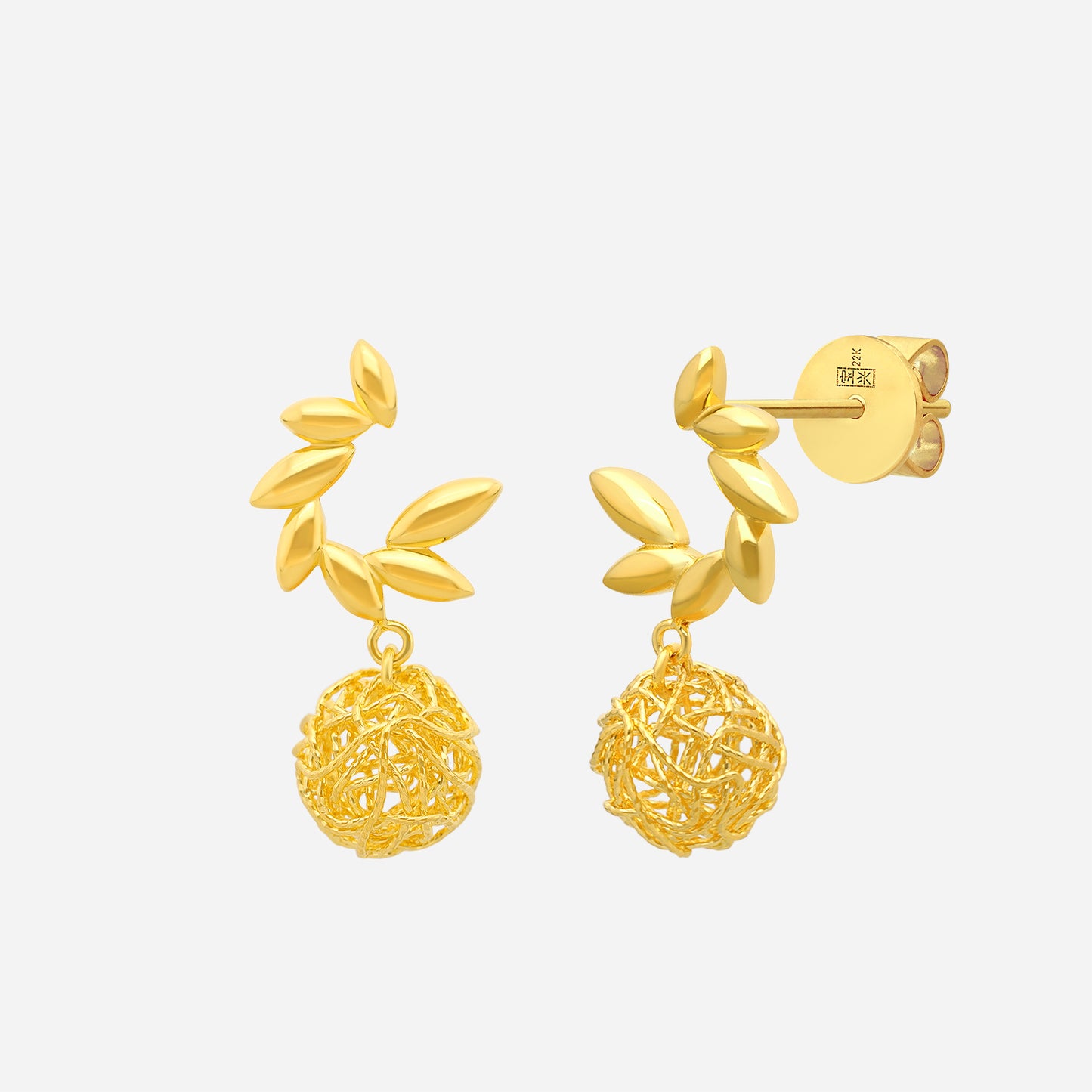 luna bloom earrings in 22k yellow gold with leaf motifs and a woven gold sphere design. elegant and light-catching accessory.
