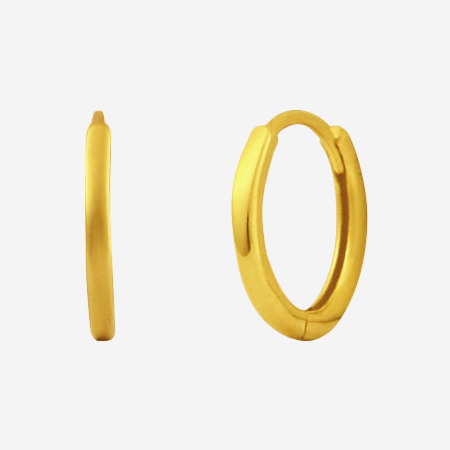 tiny huggie earrings in 22k yellow gold with a sleek, minimalistic design, suitable for everyday wear.