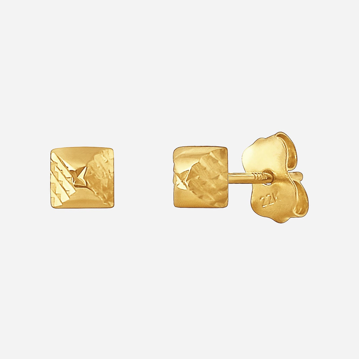 square stud earrings in 22k yellow gold with a textured, ornate design reminiscent of italian piazzas.
