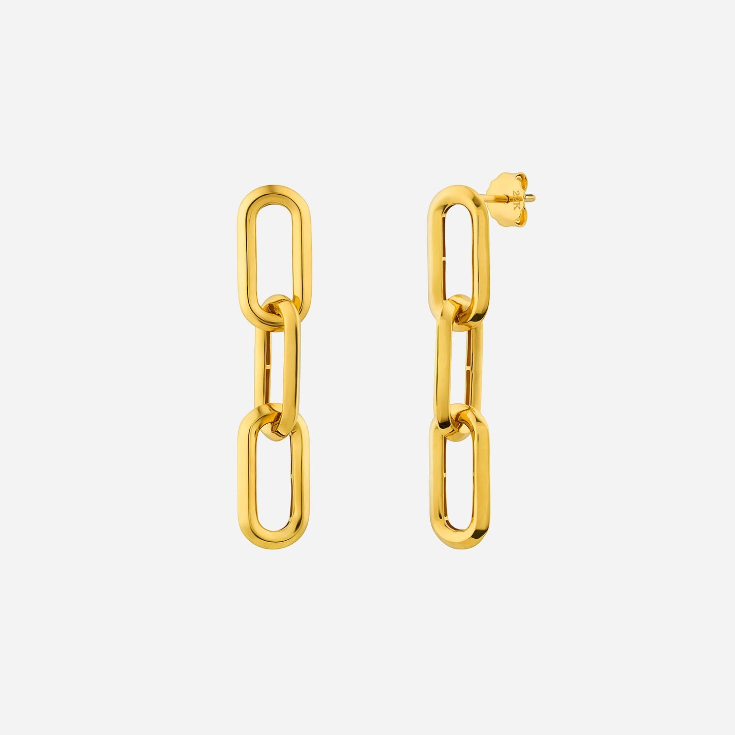 link earrings in 22k yellow gold with a modern three-link chain design showcasing elegance and strength.