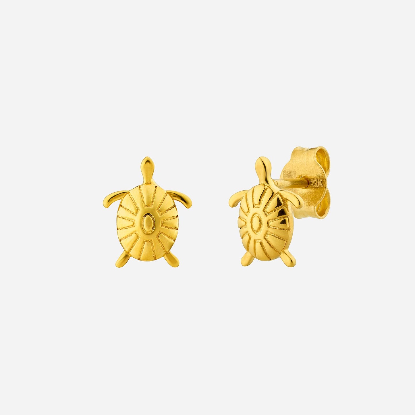 turtle stud earrings in 22k yellow gold with detailed shell design and playful turtle shape. perfect for bold jewelry lovers.