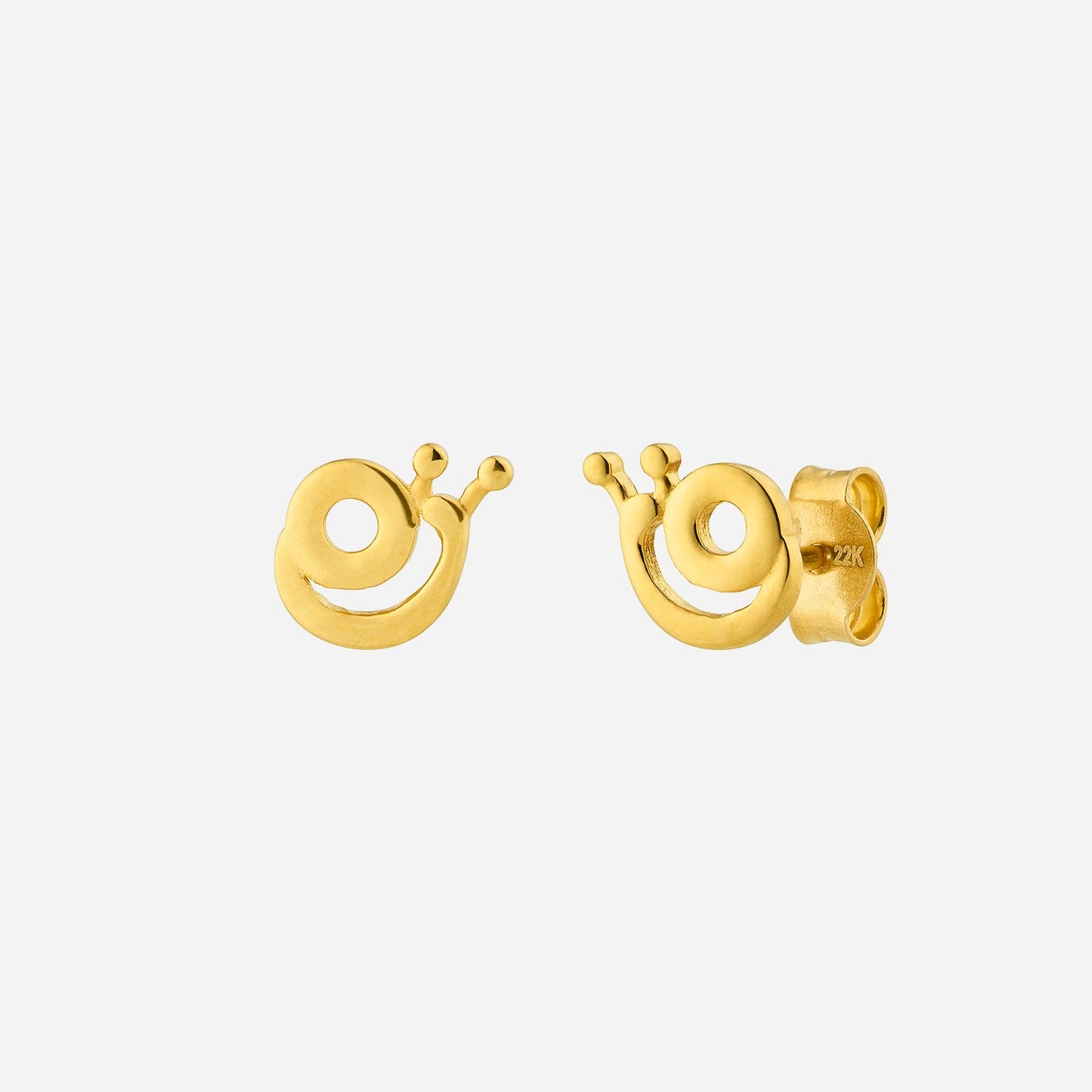 snail stud earrings in 22k yellow gold with whimsical design, featuring playful snail shapes and two small antennae.