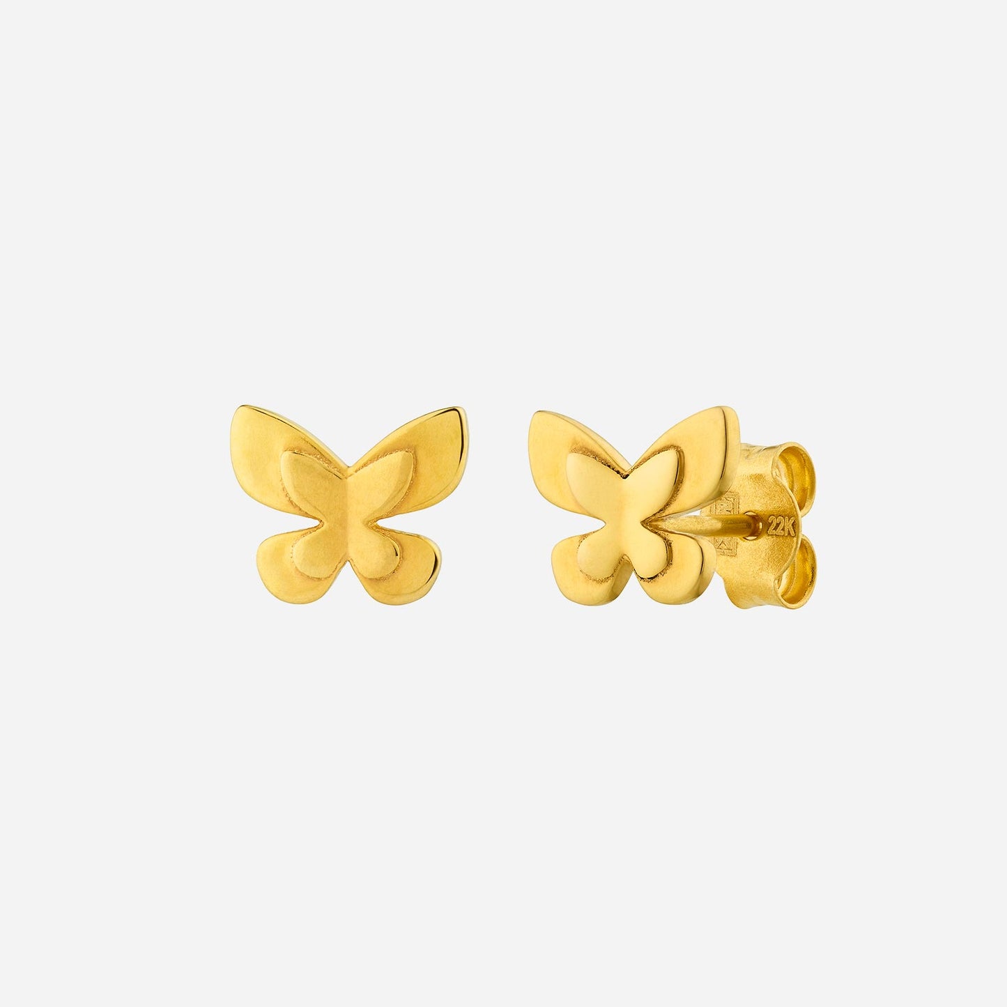 butterfly stud earrings in 22k yellow gold with a polished, intricate design reflecting nature's beauty.