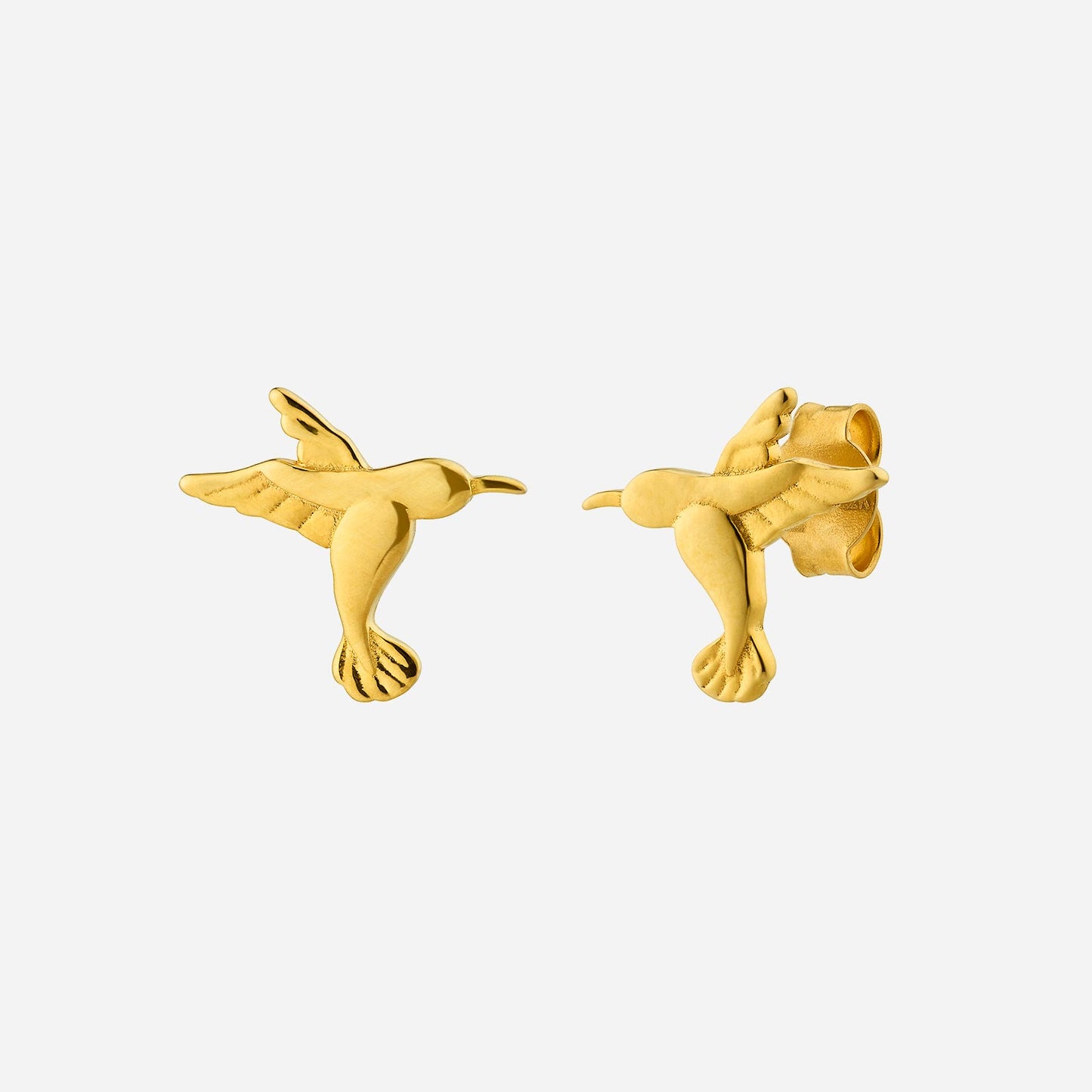 hummingbird stud earrings in 22k yellow gold with detailed wing and body design, embodying joy and elegance.