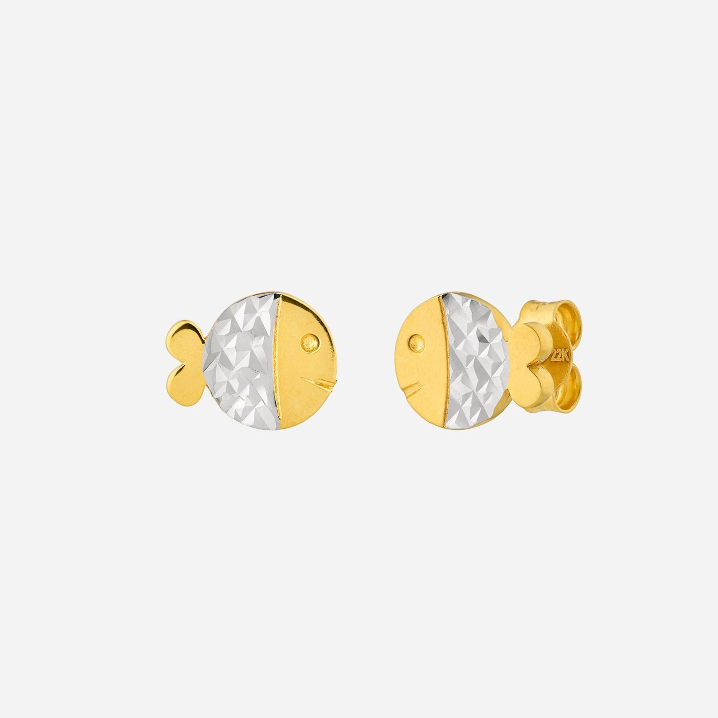fish stud earrings in 22k yellow and white gold with a playful fish design and diamond-cut detailing.