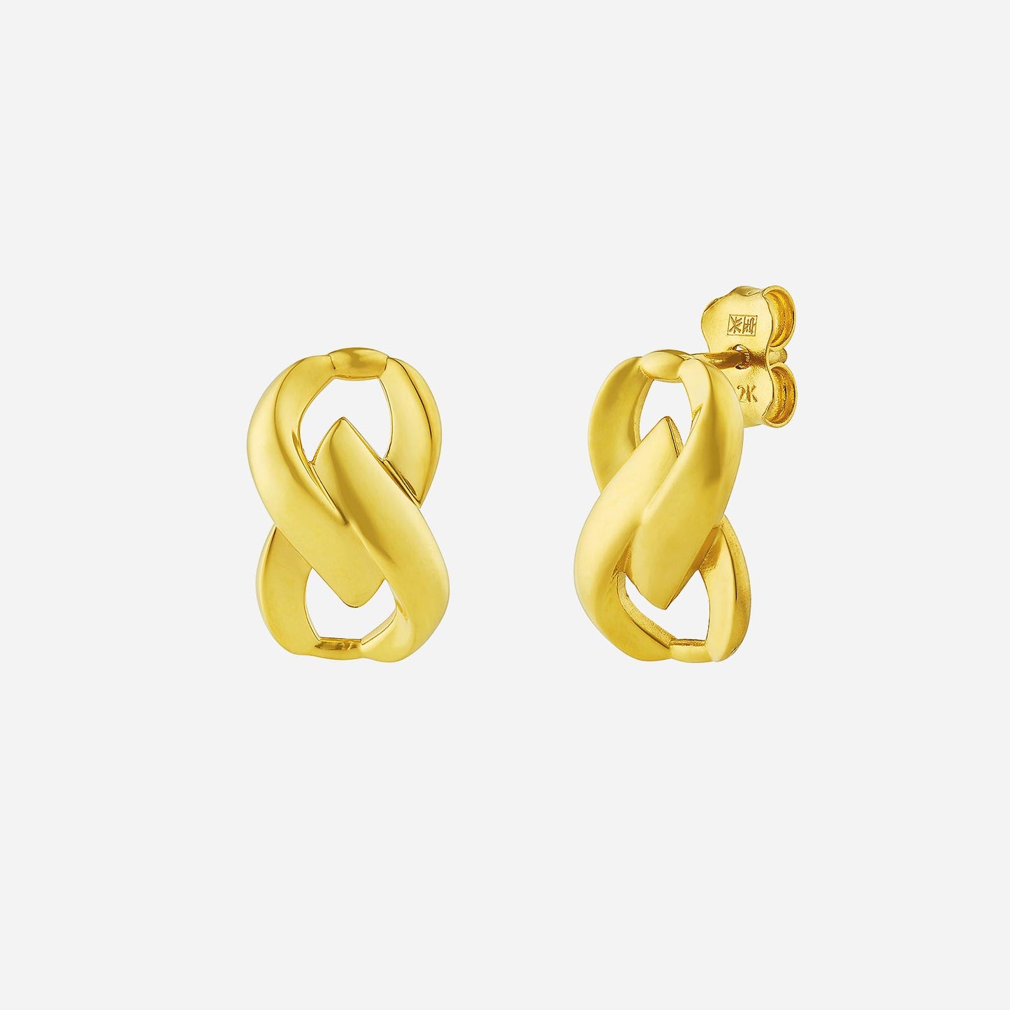 infinity earrings in luxurious 22k yellow gold with a twisted design, capturing light elegantly from all angles.