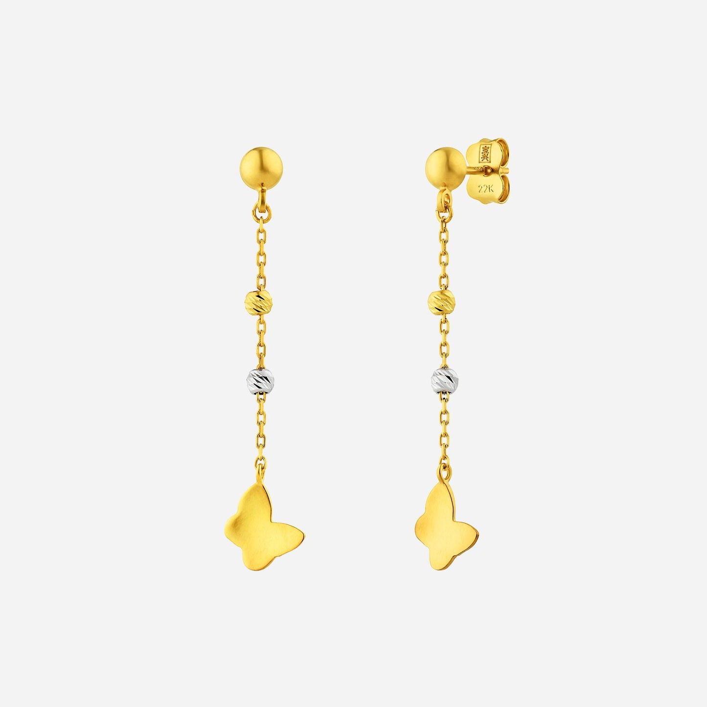 dangling butterfly earrings in 22k yellow and white gold with intricate chain design and polished finish.