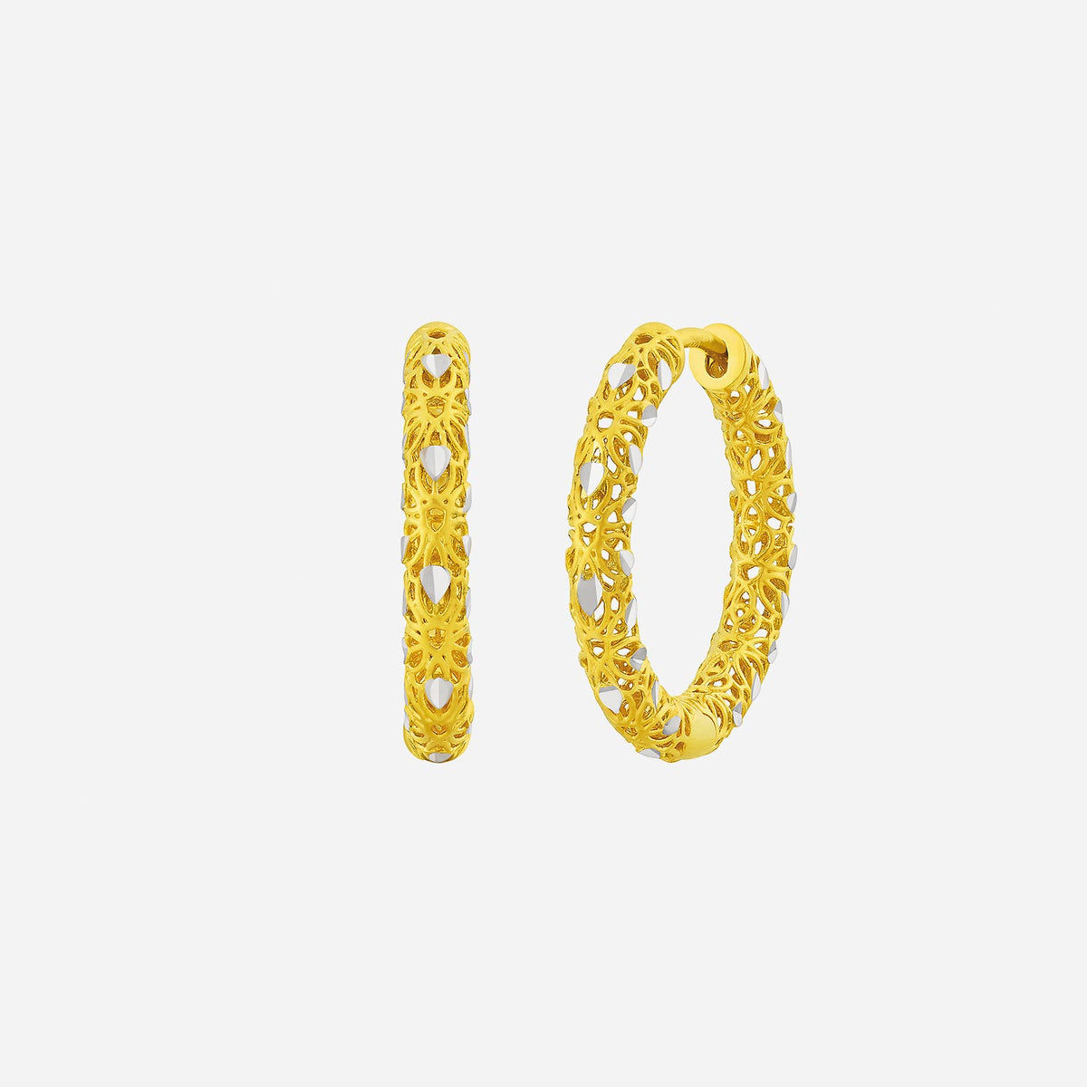 elegant yellow gold huggie earrings featuring intricate cutout design and a refined hoop shape perfect for any occasion.