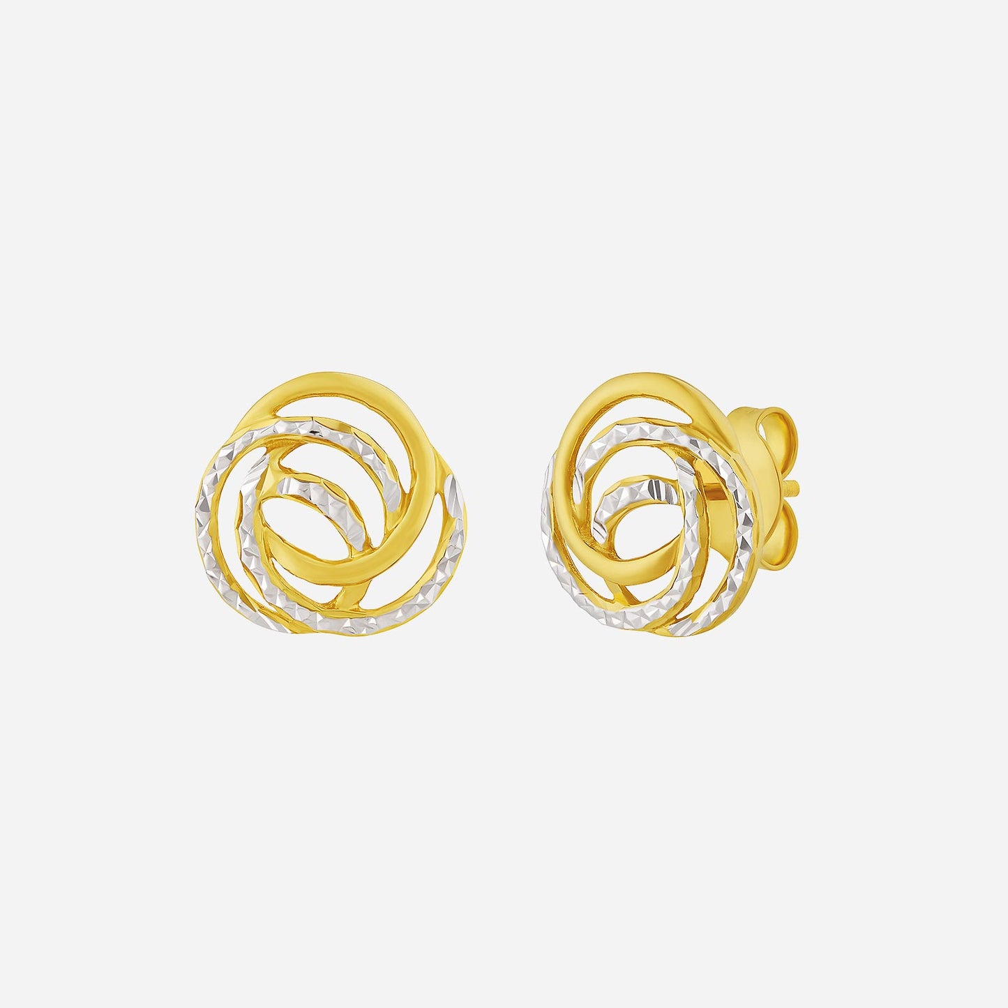 dazzle rose earrings in interwoven 22k yellow and white gold, featuring a stylish rose design with textured detailing.