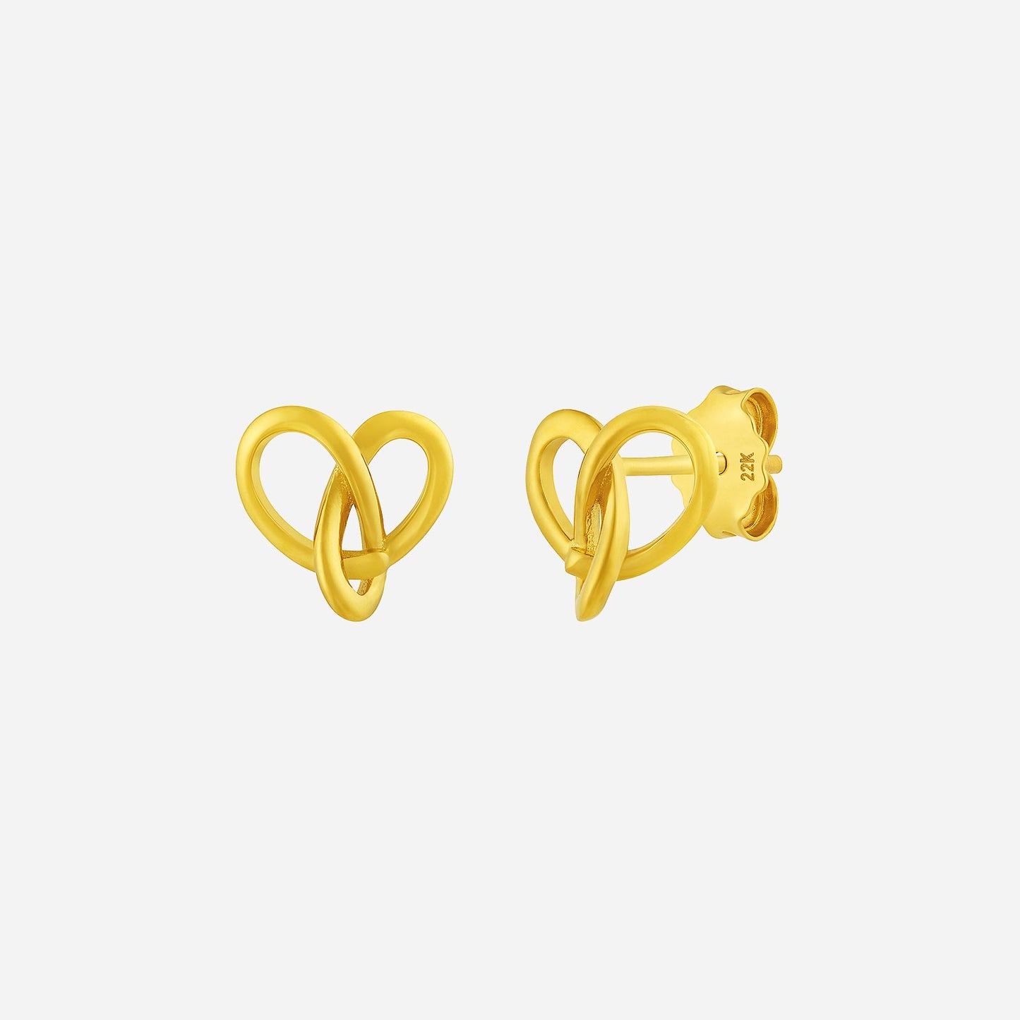 22k yellow gold heart earrings featuring a delicate intertwined design, perfect for elegant daily wear or gifting.