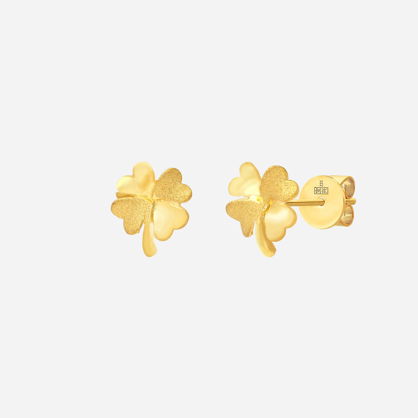 flower earrings in 22k yellow gold, featuring a dainty clover design symbolizing joy, luck, and love.