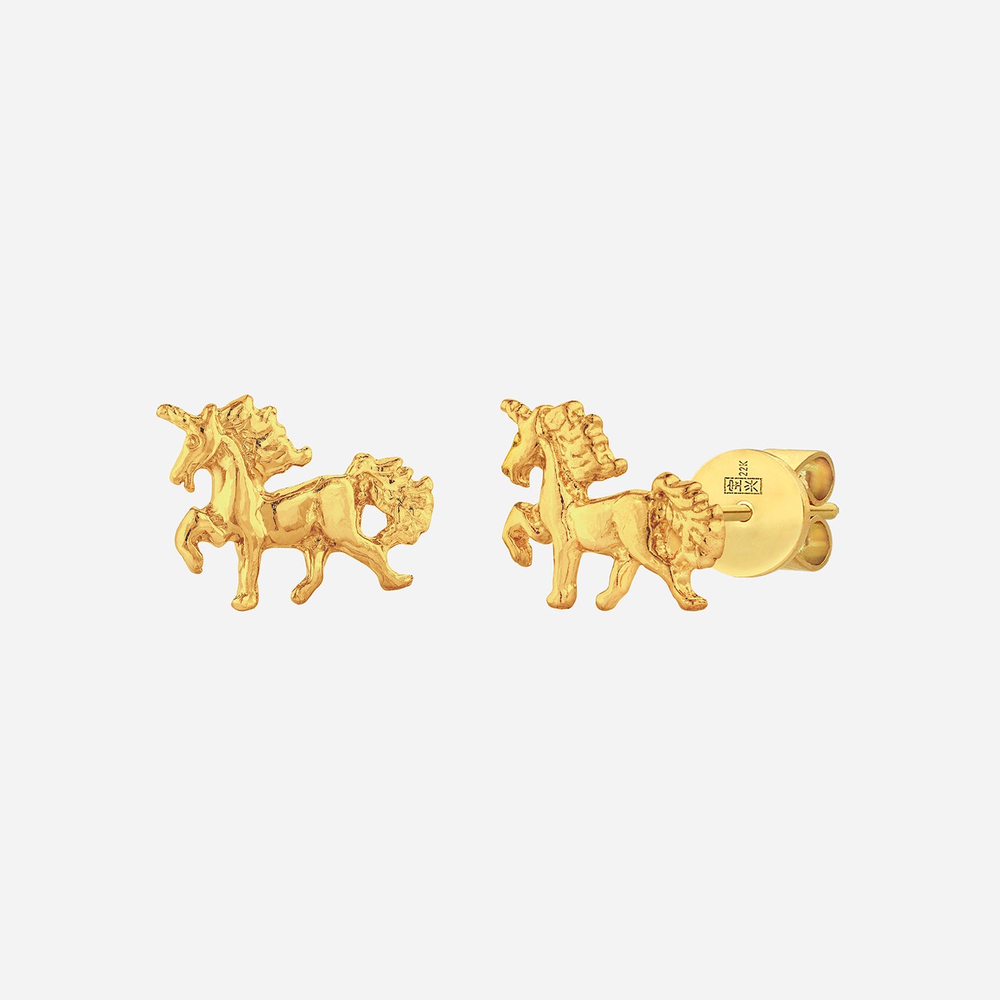 unicorn earrings in 22k yellow gold featuring detailed unicorn designs for a whimsical and charming look.