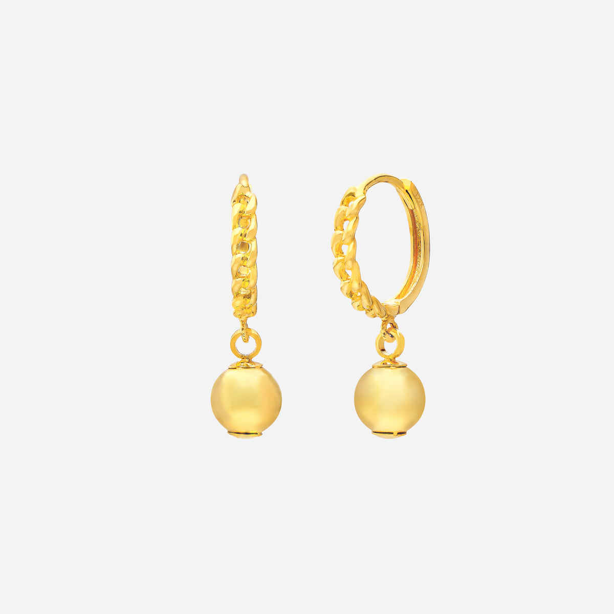 glossy 22k yellow gold huggie earrings featuring polished ball drop design and curved hoop detailing.