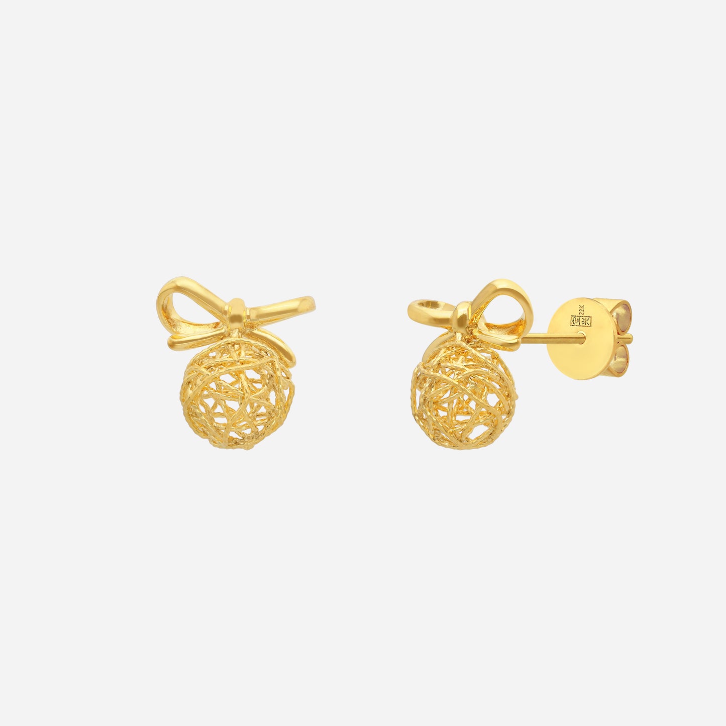 ribbon bow earrings in 22k yellow gold featuring a delicate bow and textured gold sphere design.